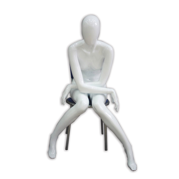 Glossy Egghead Female Mannequin Sitting.