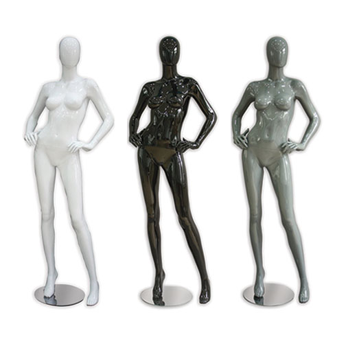 Glossy White Female Mannequin Standing Straight W/ egghead and Right Knee  Bent forward - Round Chrome Base